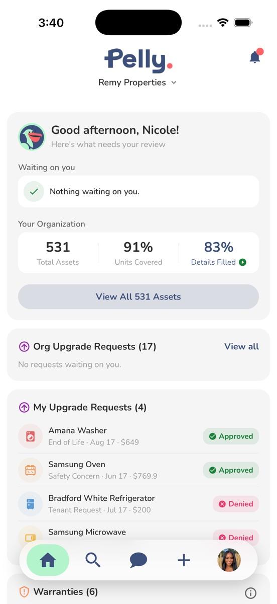 Pelly app: home dashboard showing total assets, units covered, and upgrade requests