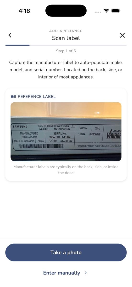 Pelly app: Scan label step for adding an appliance